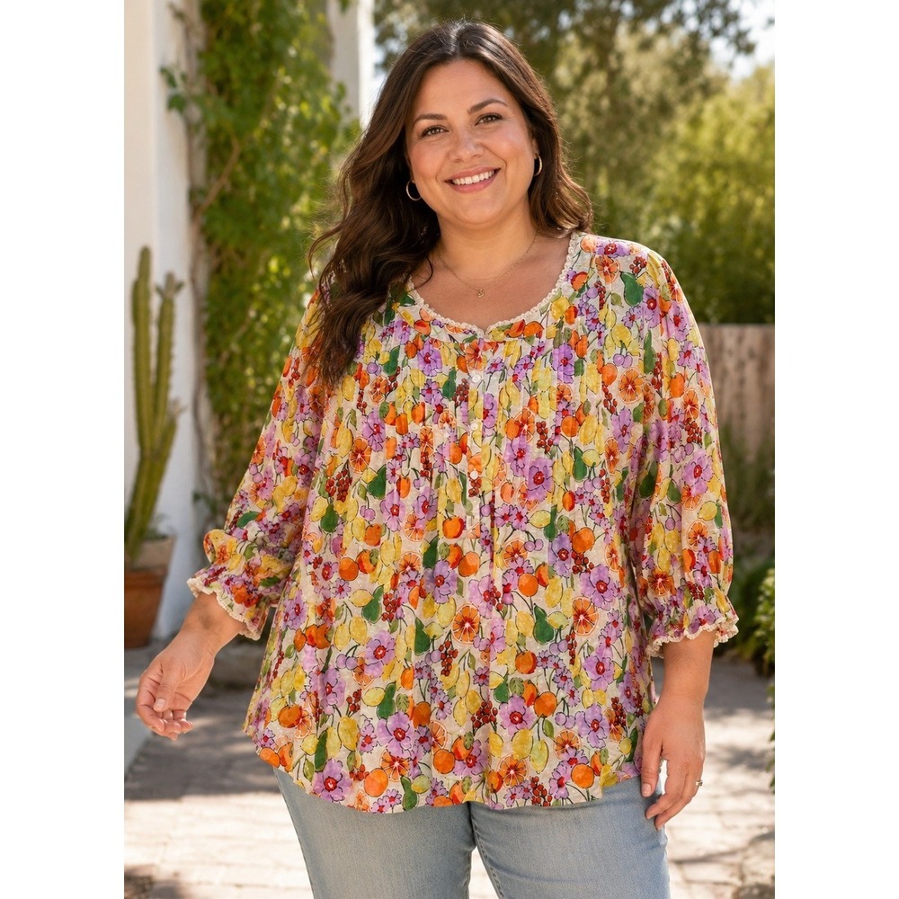 Democracy New Floral Fruit Print Blouse Womens 2X Multi Color Crochet Trim Top